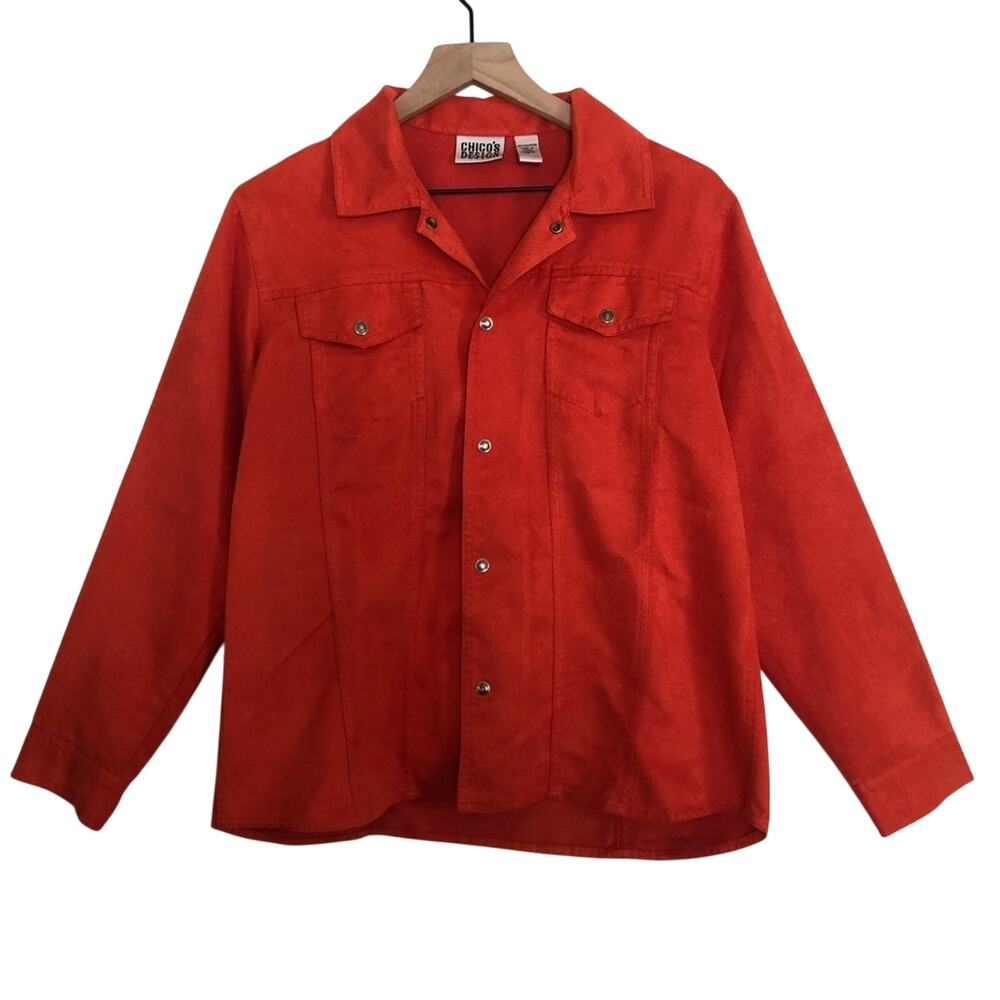 Chicos 1 Red Vegan Faux Suede Button Western Chest Pocket Shirt Shacket Jacket